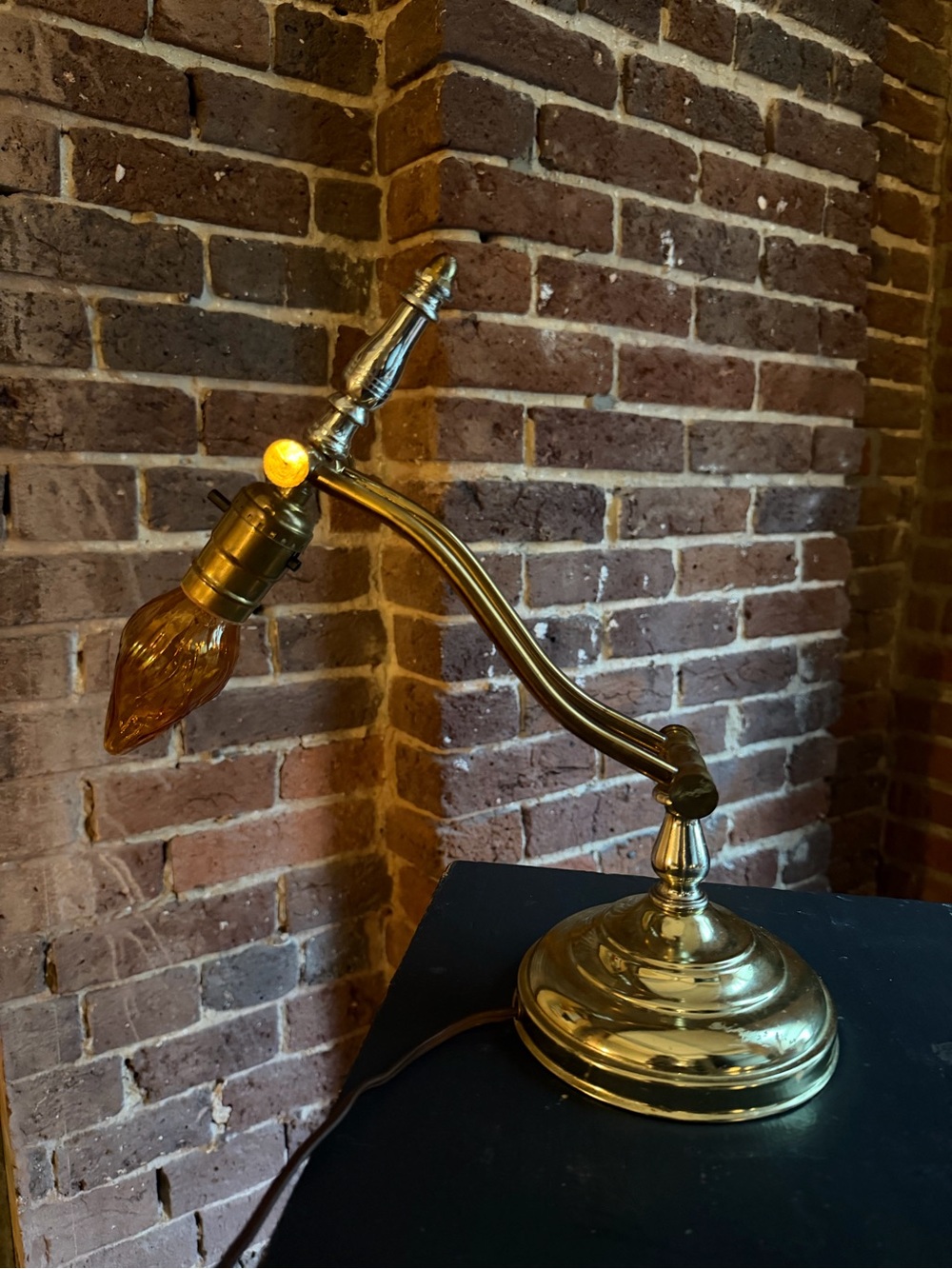Vintage Brass Adjustable Desk Lamp w/ Amber Glass Bulb | Mid Century Style